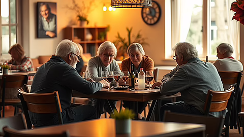 Gruppe älterer Menschen sitzt am Holztisch mit Weingläsern; warmer Innenraum, Pflanzen, weitere Gäste im Hintergrund.