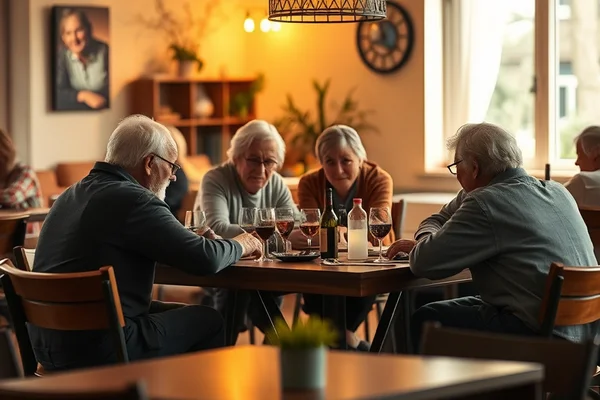 Gruppe älterer Menschen sitzt am Holztisch mit Weingläsern; warmer Innenraum, Pflanzen, weitere Gäste im Hintergrund.