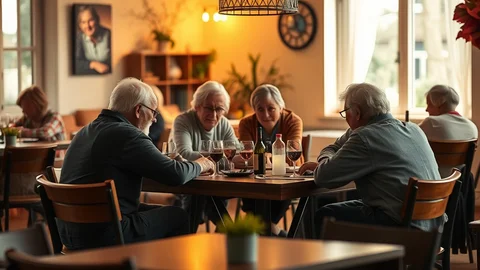 Gruppe älterer Menschen sitzt am Holztisch mit Weingläsern; warmer Innenraum, Pflanzen, weitere Gäste im Hintergrund.