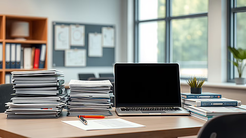 Schreibtisch mit schwarzem Laptop, Akten- und Buchstapeln, Notizblatt, Stift, Topfpflanze rechts und Fenster im Hintergrund.