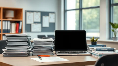 Schreibtisch mit schwarzem Laptop, Akten- und Buchstapeln, Notizblatt, Stift, Topfpflanze rechts und Fenster im Hintergrund.