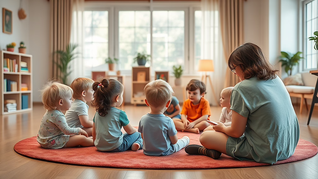 Kleingruppe von Kindern sitzt im Kreis auf rotem Teppich; Erzieherin liest ihnen im hellen Kindergartenraum vor.