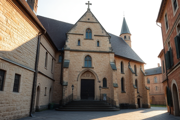 Historische Sandstein-Kirche im Innenhof, Treppenaufgang zum Portal, Kreuz auf dem Dach, flankierende Backsteinflügel.