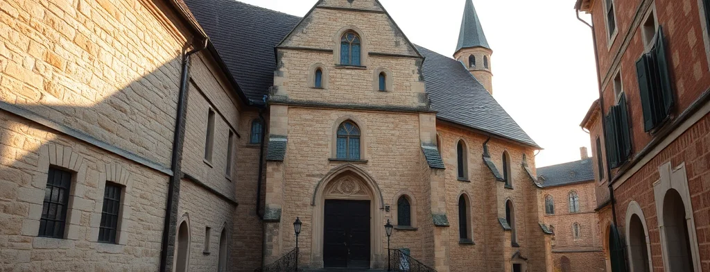 Historische Sandstein-Kirche im Innenhof mit Treppenaufgang zum Portal, Kreuz auf dem Dach, flankierende Backsteinflügel.