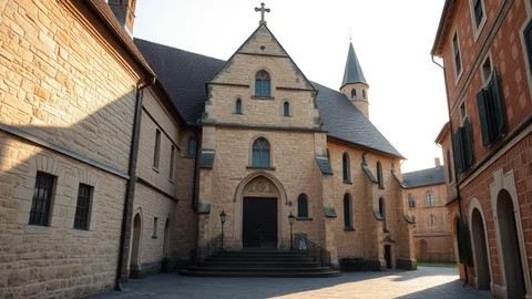 Historische Sandstein-Kirche im Innenhof, Treppenaufgang zum Portal, Kreuz auf dem Dach, flankierende Backsteinflügel.