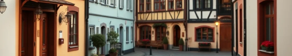 Kopfsteinpflaster-Straße in einer malerischen Altstadt mit bunten Fachwerkhäusern, Pflanzkübeln und einer Laterne.