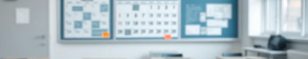 Unscharfer Klassenraum mit leeren Tischen und Stühlen, Pinnwänden, Kalendern und großen Fenstern rechts.