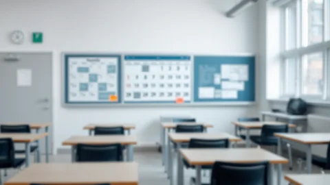 Unscharfer leerer Klassenraum mit Reihen von Tischen und Stühlen, Pinnwänden, Kalendern und großen Fenstern rechts.